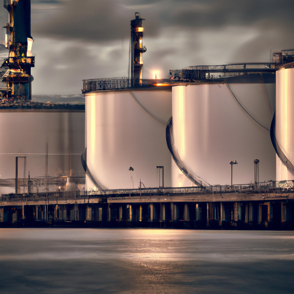 Fuel oil storage tanks at industrial port terminal