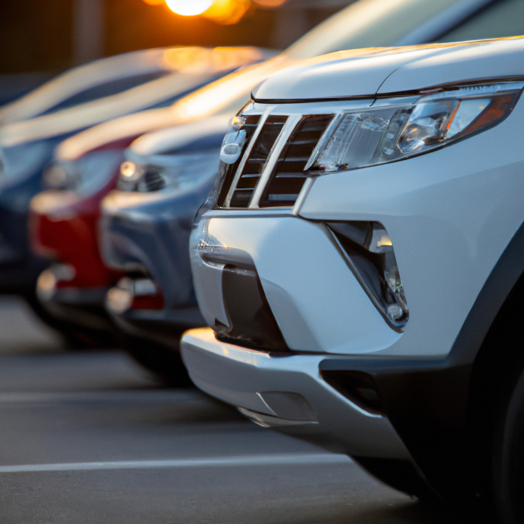 Row of clean SUVs and sedans at dealership lot