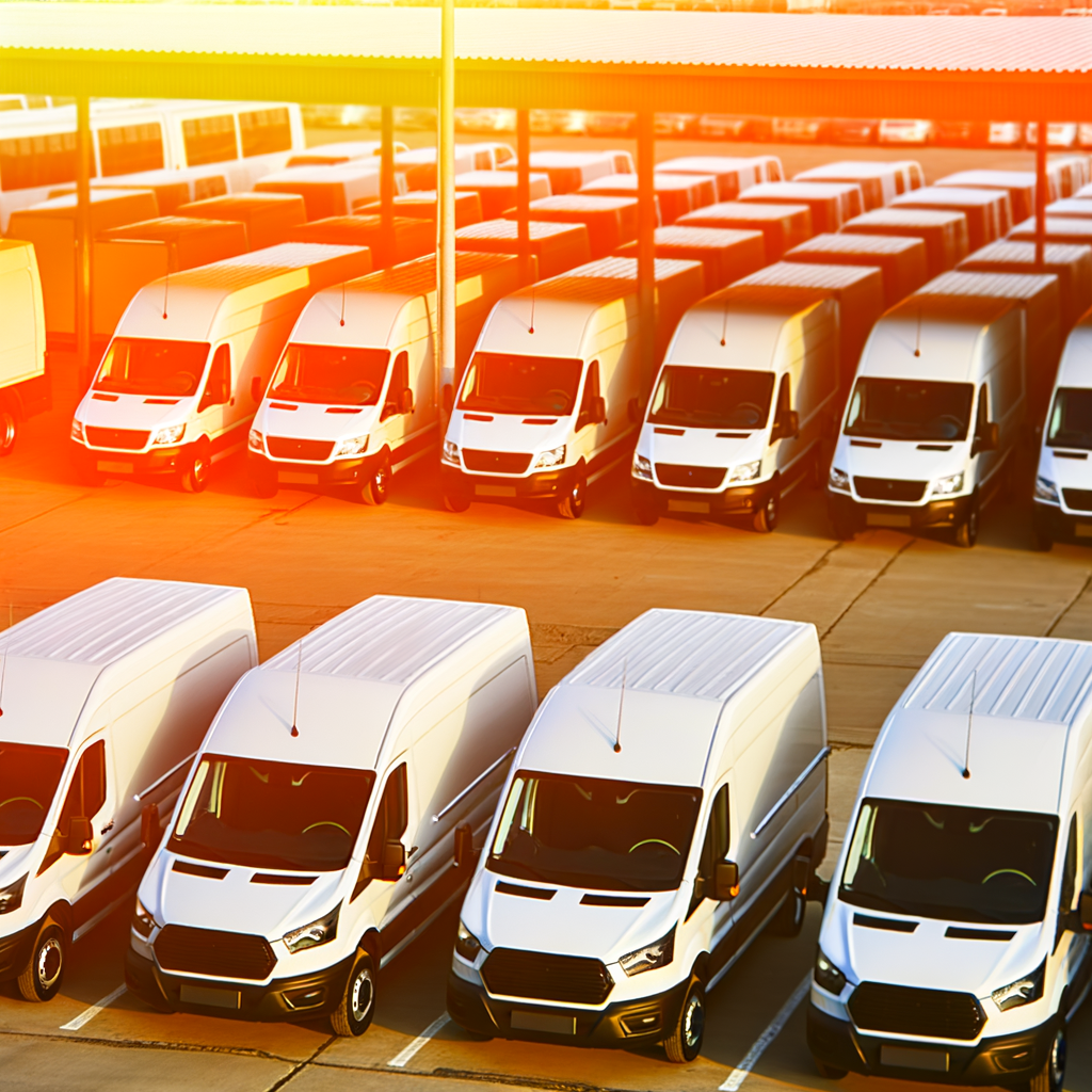Commercial fleet trucks and vans at depot