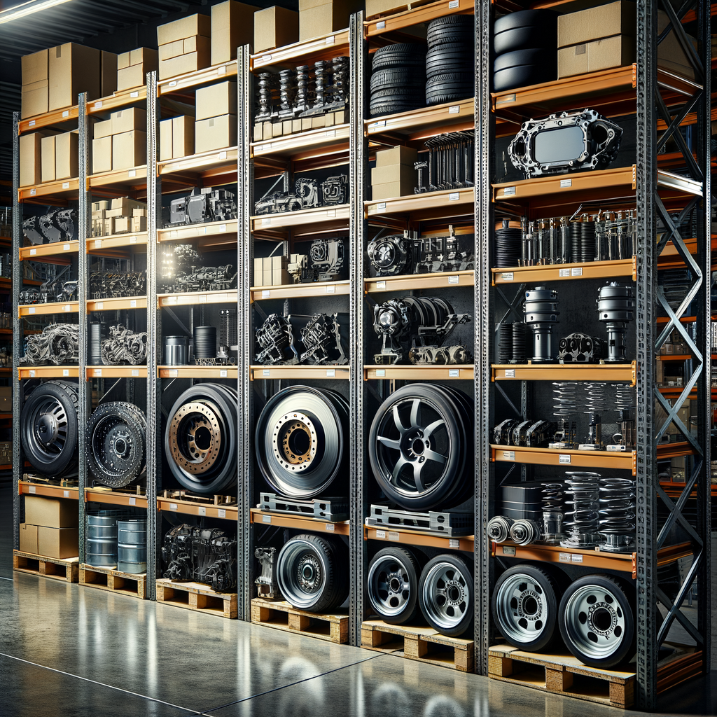 Organized automotive parts on warehouse shelving